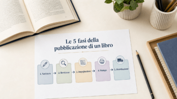 Le 5 fasi della pubblicazione di un libro per professionisti Schema visuale delle 5 fasi della pubblicazione di un libro per professionisti su scrivania
