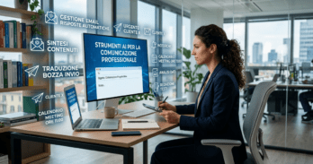 Strumenti AI per la comunicazione professionale di imprenditori Schema visuale di strumenti AI per la comunicazione professionale su scrivania moderna