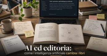 AI ed editoria come l'intelligenza artificiale cambia i libri Schema visuale di intelligenza artificiale ed editoria con libro aperto e schermo AI
