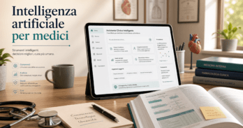 AI per medici: come usare l'intelligenza artificiale nella pratica clinica e nel marketing Medico in studio che consulta l'intelligenza artificiale per medici su tablet accanto a un libro