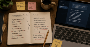 AI per scrivere il titolo di un libro: i migliori strumenti e come usarli Schermo con strumenti AI per scrivere il titolo di un libro con varianti e prompt