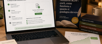 Amazon KDP: cos'è, come funziona e quanto si guadagna davvero Schema visivo di come funziona Amazon KDP con manoscritto, copertina e grafico royalty in italiano