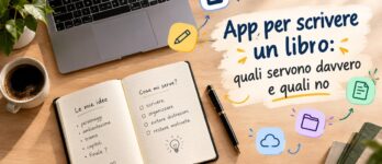 App per scrivere un libro: quali servono davvero e quali no Scrivania con laptop e icone di app per scrivere un libro in stile illustrativo