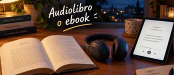 Audiolibro o ebook: quale formato scegliere per il tuo primo libro Scrivania con libro aperto e cuffie a confronto tra audiolibro o ebook per il primo libro