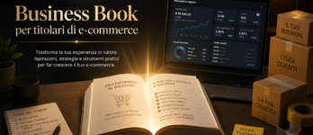 Business Book per titolari di e-commerce: da negozio online ad autorità del settore Copertina di un libro per e-commerce con negozio online e libro aperto
