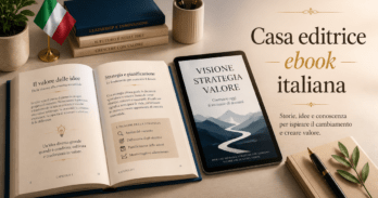 Casa editrice ebook italiana guida completa alla scelta giusta Casa editrice ebook italiana, libro aperto e tablet con ebook su scrivania editoriale