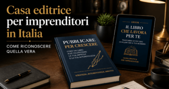 Casa editrice per imprenditori in Italia come riconoscere quella vera Scrivania imprenditore con libro e tablet che rappresenta una casa editrice per imprenditori italiana