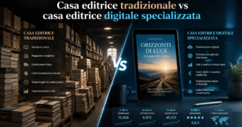Casa editrice tradizionale vs casa editrice digitale specializzata Confronto visivo tra casa editrice tradizionale e casa editrice digitale specializzata