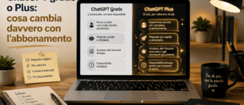 ChatGPT gratis o Plus: cosa cambia davvero con l'abbonamento Confronto ChatGPT gratis o Plus con icona chat e abbonamento premium su sfondo scuro