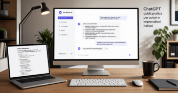 ChatGPT guida pratica per autori e imprenditori italiani Schermo con interfaccia chat gpt italiano per autori e imprenditori con testo e prompt visibili