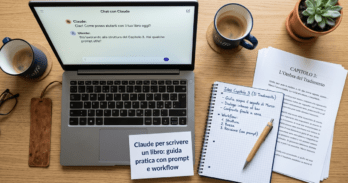 Claude per scrivere un libro: guida pratica con prompt e workflow Scrivania con laptop e manoscritto aperto per illustrare Claude per scrivere un libro