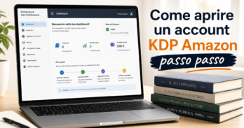 Come aprire un account KDP Amazon passo passo Schermata di registrazione su come aprire account KDP Amazon con libri su scrivania