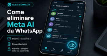Come eliminare Meta AI da WhatsApp definitivamente si può fare Schermata WhatsApp con pulsante Meta AI su smartphone e testo come eliminare Meta AI da WhatsApp