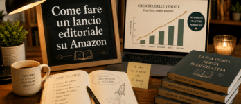 Come fare un lancio editoriale su Amazon: guida 2026 Immagine che rappresenta come fare un lancio editoriale su Amazon con libro e grafico vendite