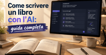 Come scrivere un libro con l'AI nel 2026: guida completa dall'idea alla pubblicazione Scrivania con libro aperto e schermo AI per scrivere un libro con l'AI: guida completa