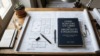 Come scrivere un libro per architetti e ingegneri Scrivania tecnica con libro e planimetria, guida su come scrivere un libro per architetti e ingegneri