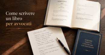 Come scrivere un libro per avvocati e posizionarsi come esperto Guida visiva su come scrivere un libro per avvocati con scrivania legale e copertina