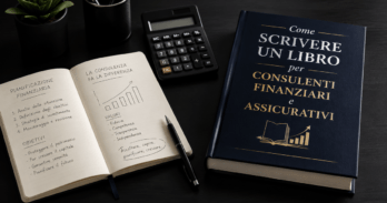 Come scrivere un libro per consulenti finanziari e assicurativi Scrivania con libro aperto e appunti per consulenti finanziari e assicurativi che vogliono scrivere un libro
