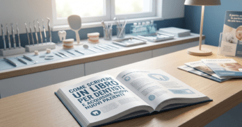 Come scrivere un libro per dentisti e acquisire nuovi pazienti Schema di come scrivere un libro per dentisti su scrivania di studio odontoiatrico professionale moderno