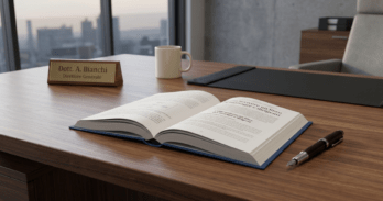 Come scrivere un libro per manager e dirigenti Guida visiva su come scrivere un libro per manager con scrivania e libro aperto