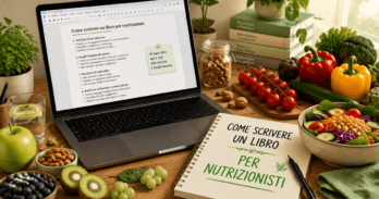 Come scrivere un libro per nutrizionisti Scrivania con laptop e alimenti per come scrivere un libro per nutrizionisti