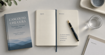 Come scrivere un libro per psicologi e terapeuti Scrivania da psicologo con libro aperto, guida visuale su come scrivere un libro per psicologi