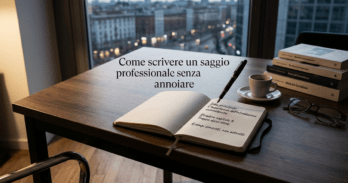 Come scrivere un saggio professionale senza annoiare Scrivania da scrittore con taccuino aperto per illustrare come scrivere un saggio professionale senza annoiare