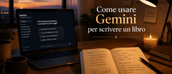 Come usare Gemini per scrivere un libro: guida pratica con prompt Scrittore che usa Gemini per scrivere un libro con prompt strutturati su schermo