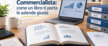 Commercialista: come un libro ti porta le aziende giuste Copertina di un libro per commercialisti con documenti aziendali e grafico di crescita clienti