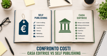 Costi casa editrice vs self publishing per professionisti Confronto costi casa editrice vs self publishing con due libri su scrivania e prezzi a confronto