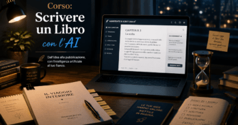 Corso scrivere un libro con l'AI: cosa impari e come scegliere quello giusto Schema di un corso per scrivere un libro con l'AI con laptop e manoscritto