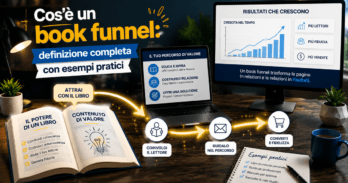 Cos'è un book funnel definizione completa con esempi pratici Schema visuale di un book funnel con libro, frecce e grafici di conversione
