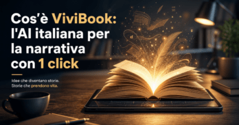 Cos'è ViviBook l'AI per libri di narrativa in 1 click Schermata di ViviBook AI narrativa italiana con libro digitale che prende vita su tablet