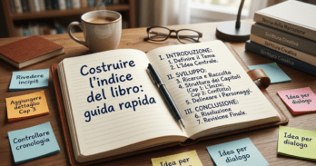 Costruire l'indice del libro: guida rapida per autori professionisti Schema per costruire l'indice del libro con capitoli e sezioni su un taccuino
