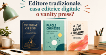 Differenza tra editore tradizionale casa editrice digitale e vanity press Confronto visuale tra editore tradizionale casa editrice digitale e vanity press con tre libri affiancati su scrivania