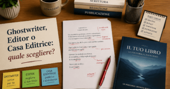Differenza tra ghostwriter editor e casa editrice specializzata Schema visuale della differenza tra ghostwriter editor e casa editrice specializzata con libro su scrivania