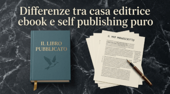Differenze tra casa editrice ebook e self publishing puro Confronto visuale tra le differenze tra casa editrice ebook e self publishing puro con libro e manoscritto