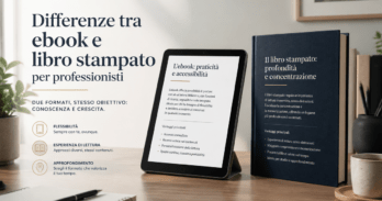 Differenze tra ebook e libro stampato per professionisti Confronto visuale delle differenze tra ebook e libro stampato per professionisti su scrivania moderna