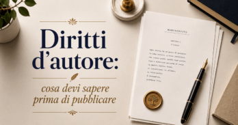 Diritti d'autore: cosa devi sapere prima di pubblicare Manoscritto e penna su scrivania che rappresentano i diritti d'autore prima di pubblicare un libro