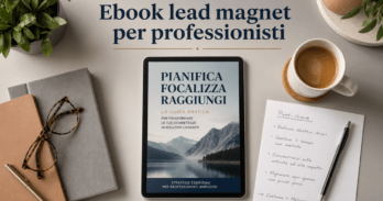 Ebook lead magnet per professionisti come acquisire clienti Scrivania con tablet che mostra un ebook lead magnet per professionisti e note di marketing