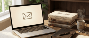 Email marketing per autori: far conoscere il libro Scrivania di un autore con laptop e libri per l'email marketing per autori