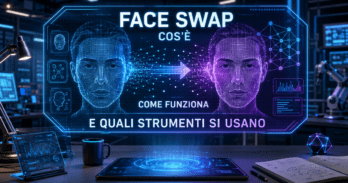 Face swap cos'è come funziona e quali strumenti si usano Illustrazione del face swap con intelligenza artificiale che mostra come funziona lo scambio di volti
