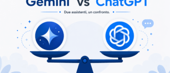 Gemini vs ChatGPT: quale AI conviene usare e per cosa Confronto grafico tra Gemini e ChatGPT, due assistenti AI a confronto su una bilancia stilizzata