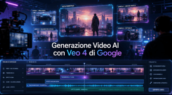Google Gemini Omni: cos'è il modello AI multimodale di Google Generazione video AI con Veo 4 di Google set cinematografico futuristico con schermi olografici
