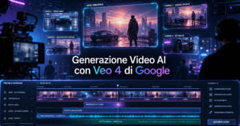 Veo 4 Omni di Google: guida completa alla generazione video AI Generazione video AI con Veo 4 di Google set cinematografico futuristico con schermi olografici