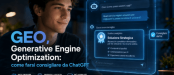 GEO, Generative Engine Optimization: come farsi consigliare da ChatGPT e dall'intelligenza artificiale Illustrazione della GEO Generative Engine Optimization con volto e interfaccia di chat AI