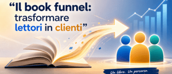 Il book funnel: trasformare lettori in clienti Libro che si trasforma in freccia verso i clienti, illustrazione del book funnel per acquisire clienti
