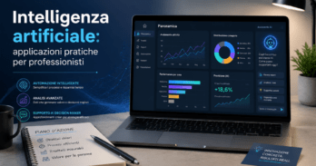 Intelligenza artificiale applicazioni pratiche per professionisti Schema di intelligenza artificiale applicazioni pratiche per professionisti con laptop e grafici