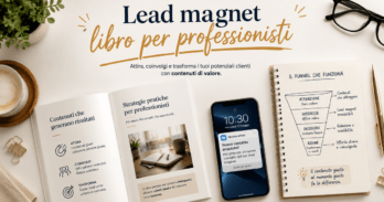 Lead magnet libro per professionisti con casi studio reali Schema visuale di un lead magnet libro per professionisti con funnel e smartphone su scrivania