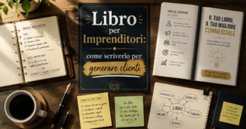 Libro per imprenditori come scriverlo per generare clienti Schema visuale del libro per imprenditori come scriverlo con scrivania e business book aperto